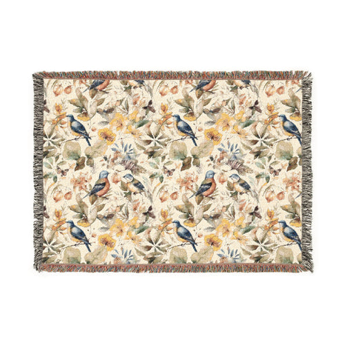 Bird & Blossom Woven Blanket — Vintage Floral Throw for Couch, Bedroom, Gift