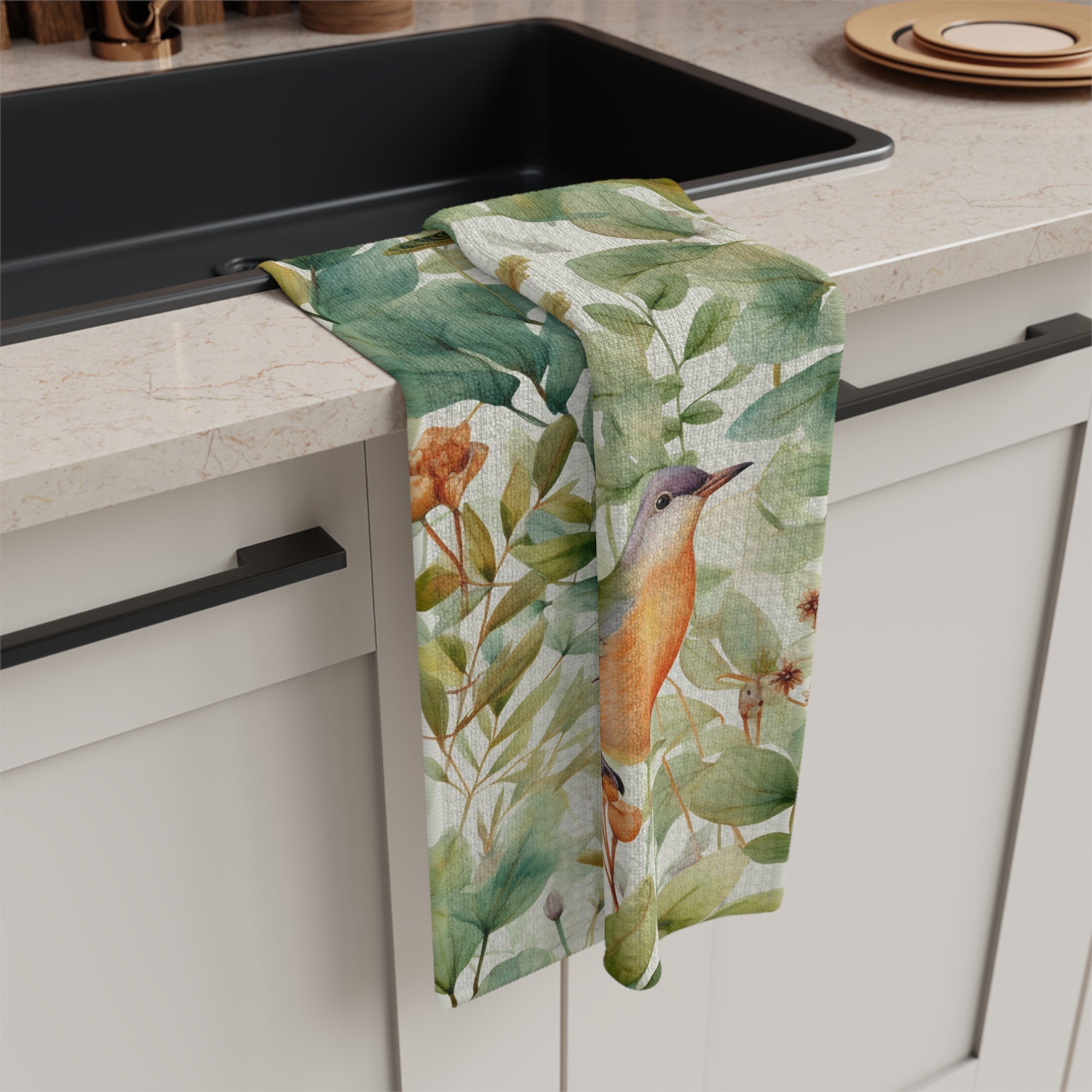 Watercolor Birds & Greenery Microfiber Tea Towel