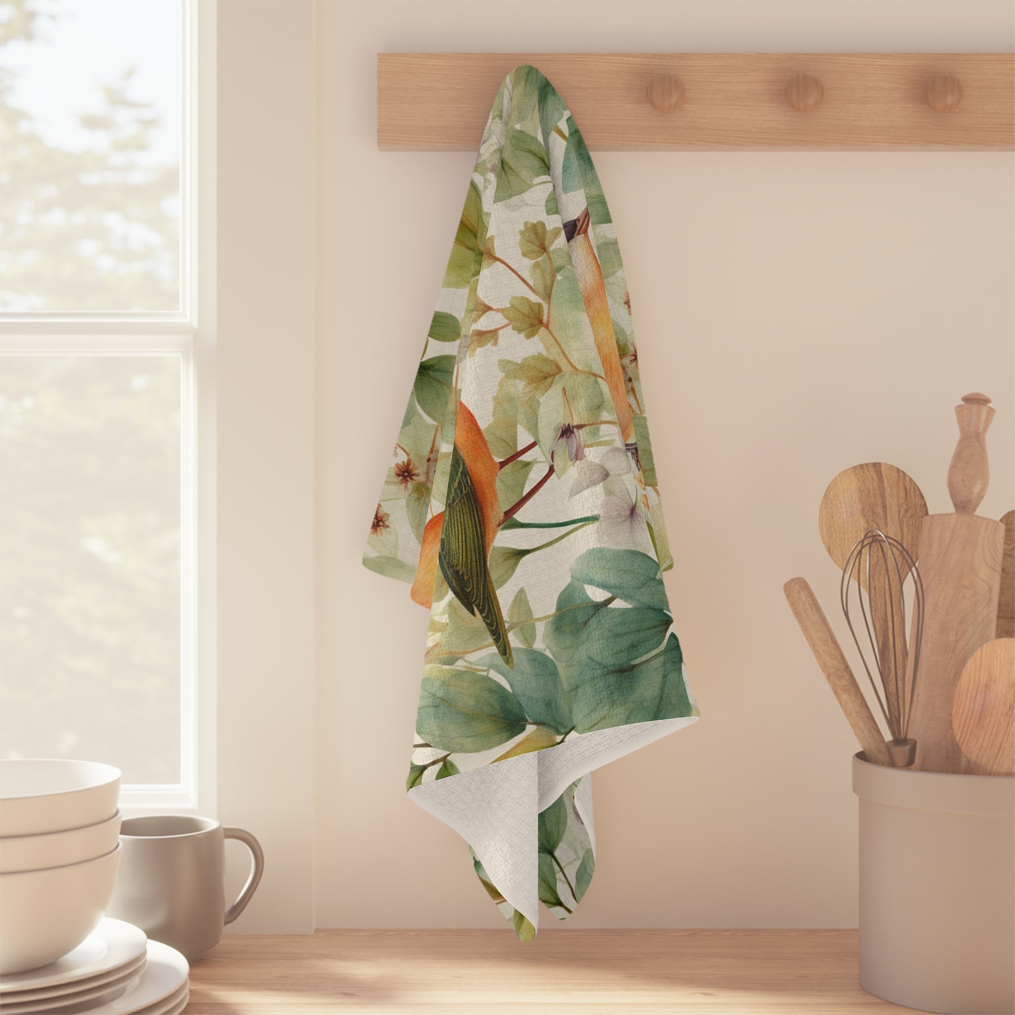 Watercolor Birds & Greenery Microfiber Tea Towel